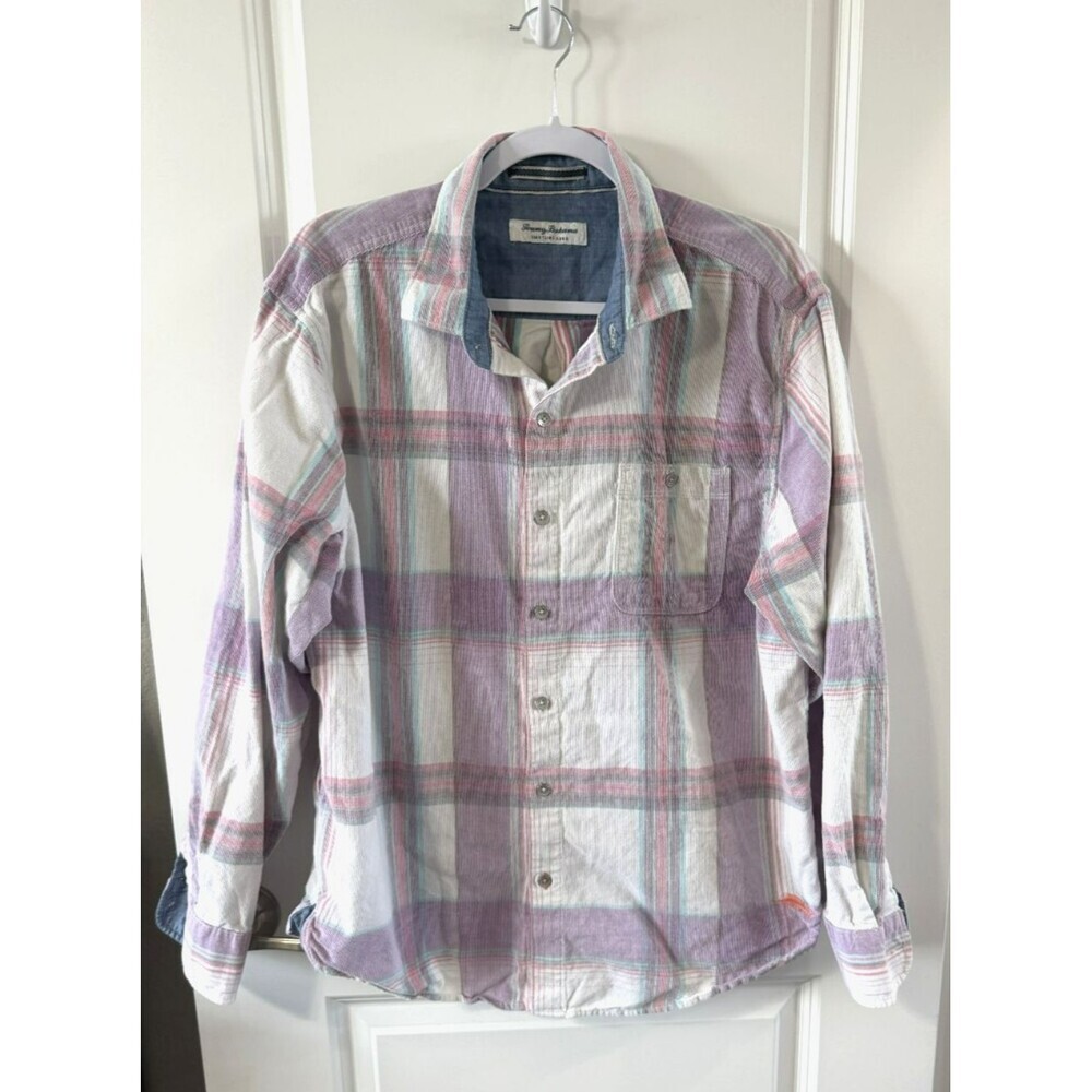 Tommy Bahama Coastline Cord Shirt Mens L Plaid Pink Blue Corduroy soft